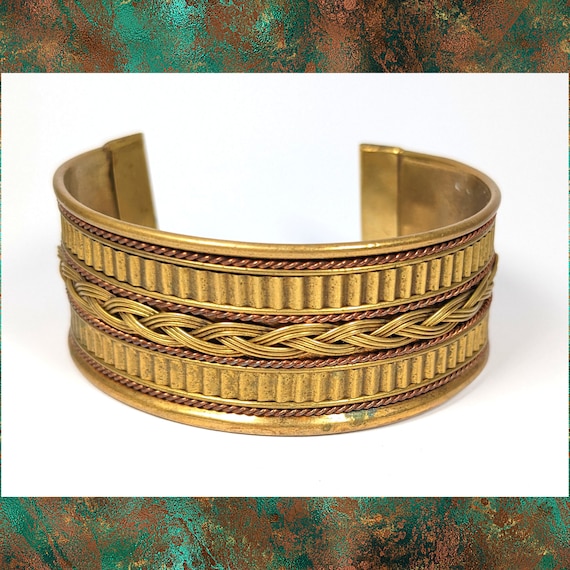 Vintage Brass and Copper Cuff Bracelet, Woven Met… - image 1