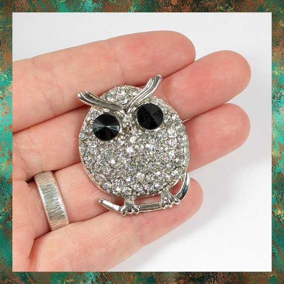 Vintage Rhinestone Owl Brooch, Wise Owl On a Bran… - image 2