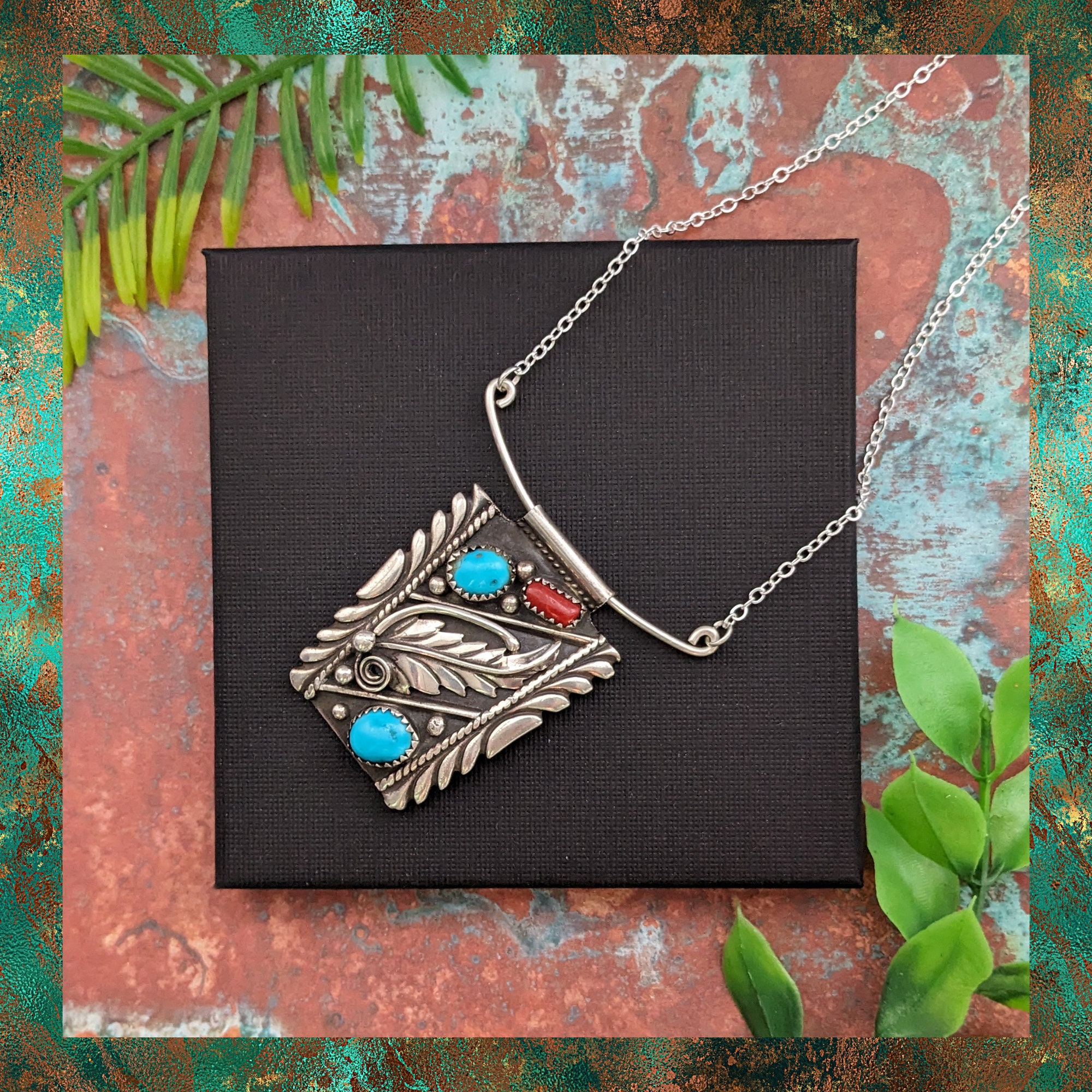 Handmade Sterling Silver Necklace Featuring an Upcycled Vintage Native American Watch Band With Turquoise