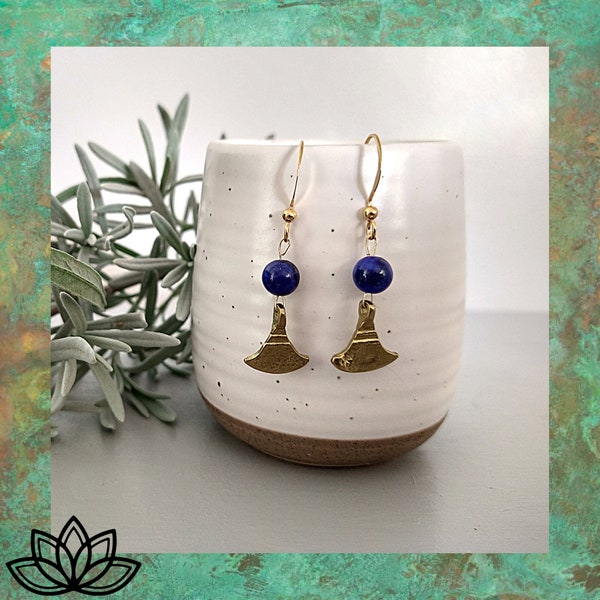 Handmade Bronze and Lapis Lazuli Beaded Earrings Hook Earrings Egyptian Inspired Design