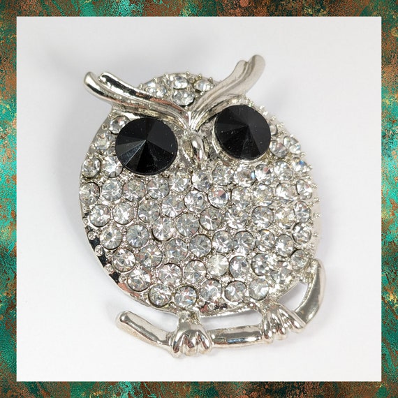 Vintage Rhinestone Owl Brooch, Wise Owl On a Bran… - image 1