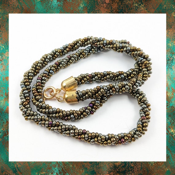 Vintage Seed Bead Twist Necklace: Bronze Gold Purple Choker