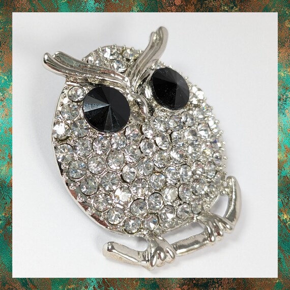 Vintage Rhinestone Owl Brooch, Wise Owl On a Bran… - image 7
