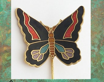 Vintage Enamel Butterfly Pin, Butterfly Brooch, Gold Tone with Enamelled Detailing