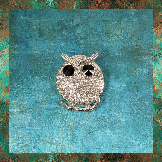 Vintage Rhinestone Owl Brooch, Wise Owl On a Bran… - image 3