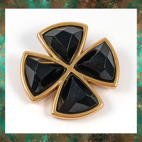 Vintage Danish Pilgrim Black and Gold Brooch, Four Leaf Clover Shape