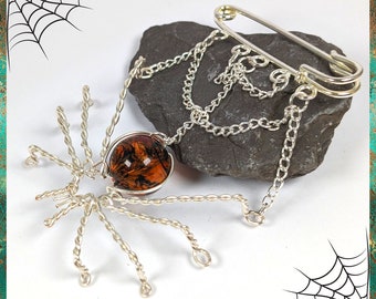 Handmade Wire Spider and Web Brooch, Vintage Bead Body and Chain Web Detail, Gothic Brooch