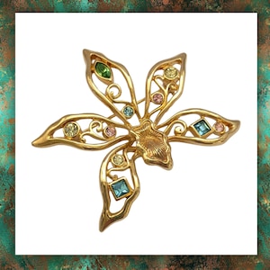 Vintage Orchid Brooch With Colourful Rhinestones and Cut Out Detail