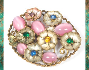 Vintage Czech 1930s Floral Brooch With Enamel detail, Rhinestones and Moon Stones