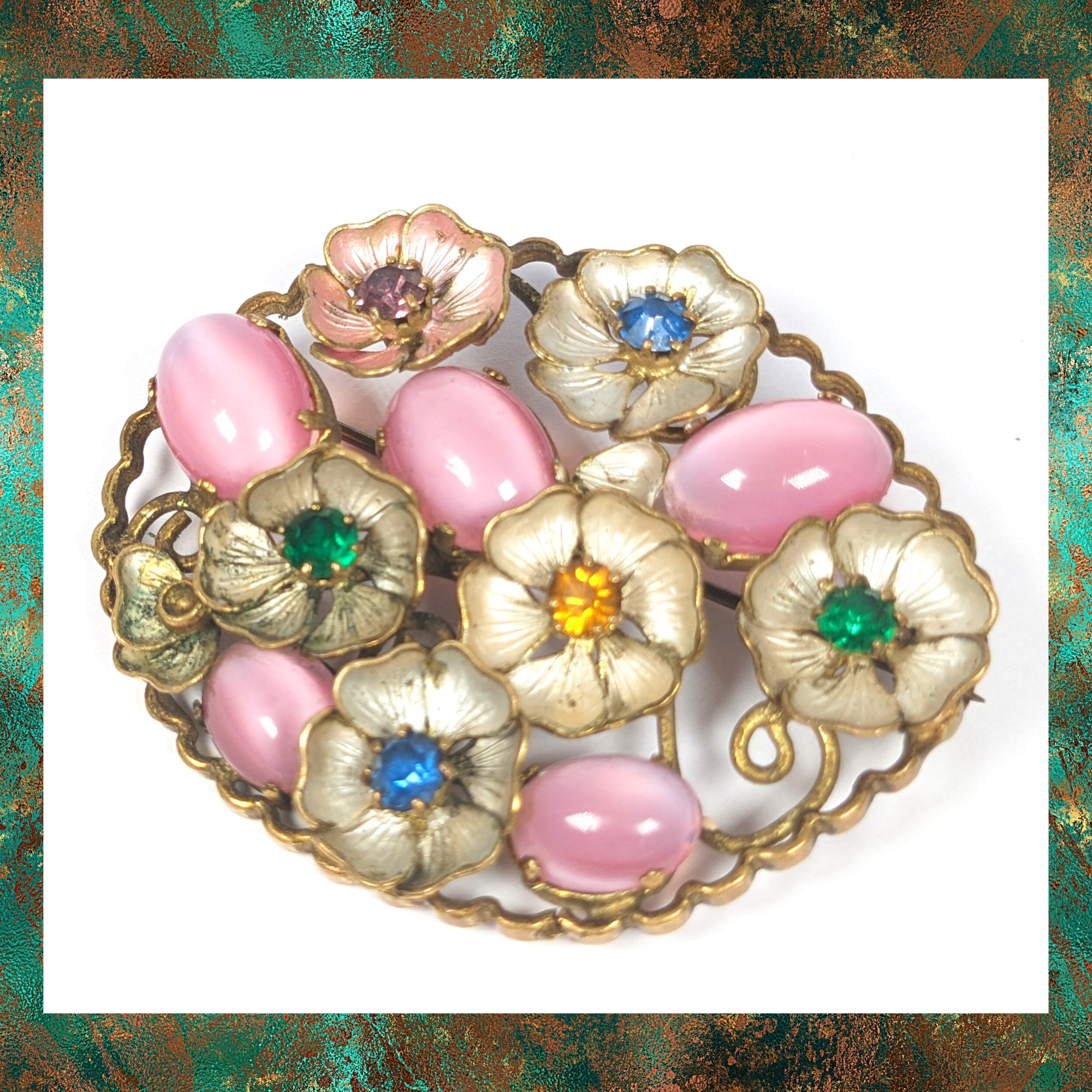 Vintage Czech Filigree Multicolor Rhinestones Brass Flower