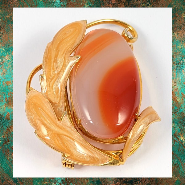 Vintage Oval Carnelian Brooch Set in a Gold Tone Frame With Enamel Detail