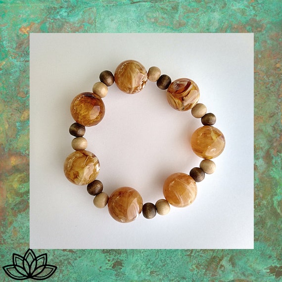 Beaded Bracelet antique gold bracelet tan and beige wood bracelet