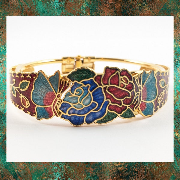 Vintage Cloisonné Rose and Butterfly Bracelet, Hinged Bangle With Floral Design