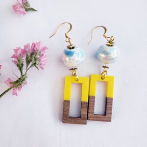Blue and Yellow Wood Earrings