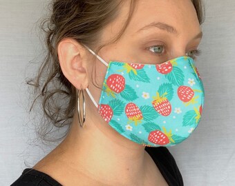 Children's Strawberry Teal Turquoise - Kids 3-Layer MASKS THAT FIT - Small - Washable Reusable - Colorful Summer - Mascarillas - Tapabocas