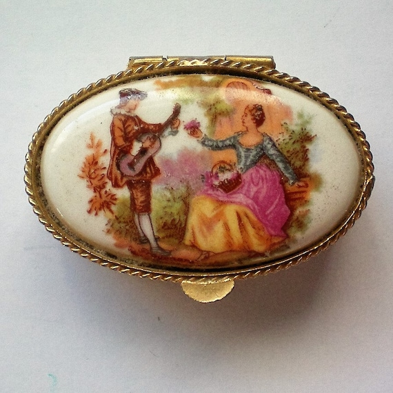 Small Brass with Porcelain Portrait Pill Box - 51… - image 1