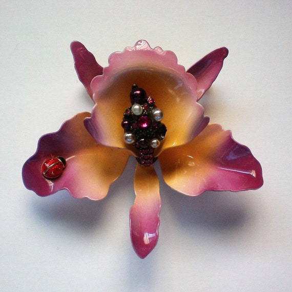 Joan Rivers Metal Orchid Brooch with Lady Bug - 6… - image 1