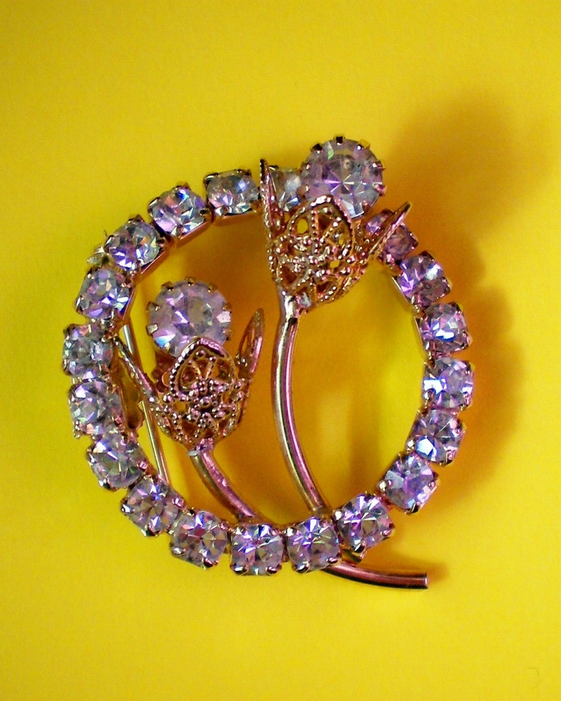 Filigree Flowers Encircled with Rhinestones Brooch 1297