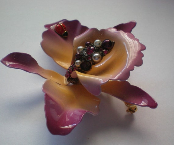 Joan Rivers Metal Orchid Brooch with Lady Bug - 6… - image 2