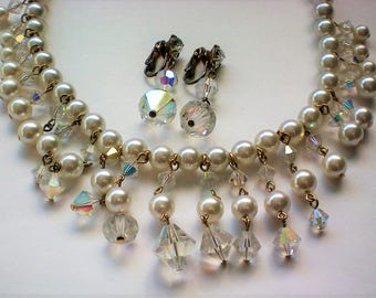 Faux Pearl and Bicone AB Bead Bib Fringe Necklace with Earrings - 5640