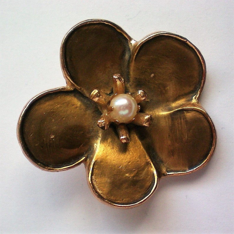 6196 Kramer Metal Flower Brooch with Faux Pearl Center