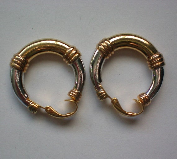 Trifari Gold and Silver tone Metal Hoops - 6083 - image 2