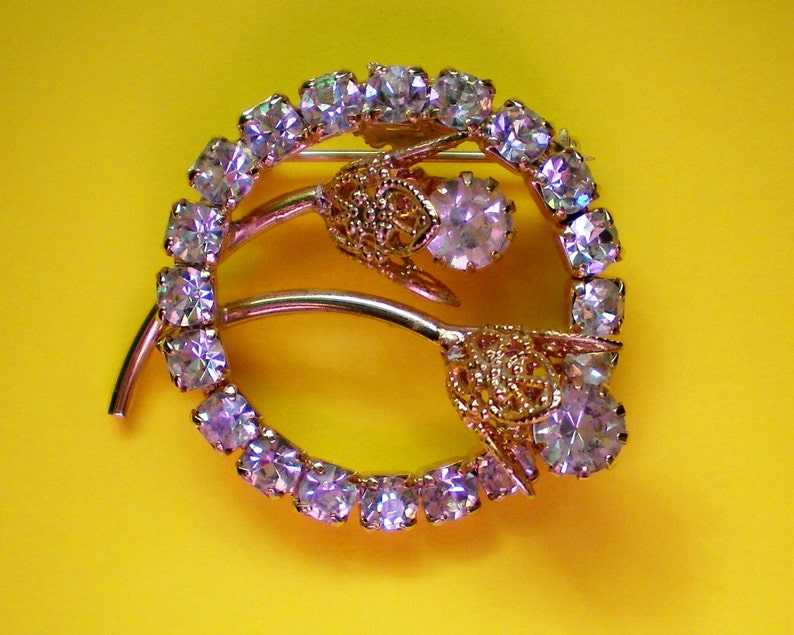 Filigree Flowers Encircled with Rhinestones Brooch 1297