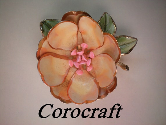 Signed Corocraft Enamel and Metal Flower Brooch -… - image 1