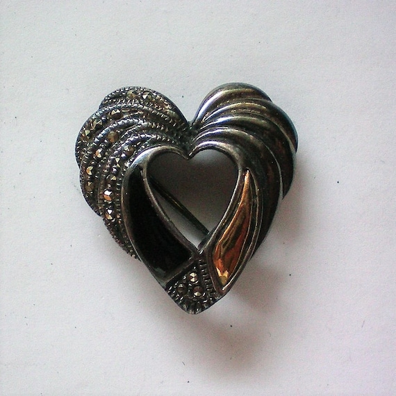 Sterling Silver Marcasite Onyx Valentine Heart Pin