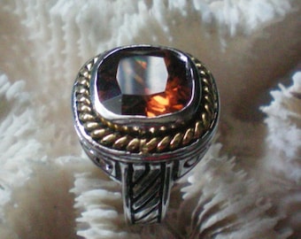 Silver and Gold tone Ring with Amber Colored Stone - 6377