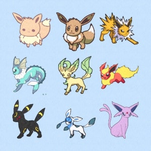 Könnte beinhalten: Neun verschiedene Variationen des Pokémon Eevee, darunter Vaporeon, Jolteon, Flareon, Espeon, Umbreon, Leafeon, Glaceon, Sylveon und Eevee.