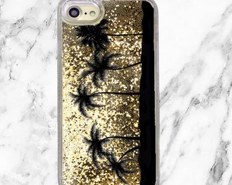 Gold Glitter iPhone Case, Gifts for Her, iPhone 8, 7 Plus, iPhone 7, iPhone 6, iPhone 6 Plus, Holographic Glitter, Palm Trees, Beach Life
