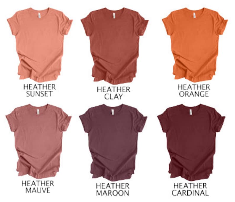 May include: Six heathered t-shirts in various colors: sunset, clay, orange, mauve, maroon, and cardinal. Each shirt has a crew neck and short sleeves. The text "HEATHER" is above each color name.