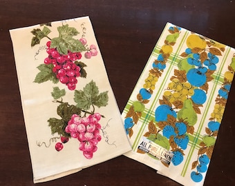 2 1970’s Linen Tea Towels/ Brown, Blue, Green Fruit Pattern All Pure Linen Parisian Print and Luther Travis Grape Motif Unused