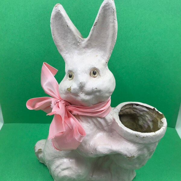 1940’s Pink Paper Mache Bunny w Pink Ribbon