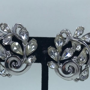 1950’s/60’s Crown Trifari Silver Metal and Rhinestone  Clip Earrings