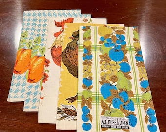 5 Linen Unused 1960’s/70’s Kitchen Towels/ Fruit, Rooster, Houndstooth