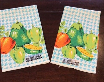 Pair of 1970’s Linen Tea Towel Vegetable Pattern  Deadstock