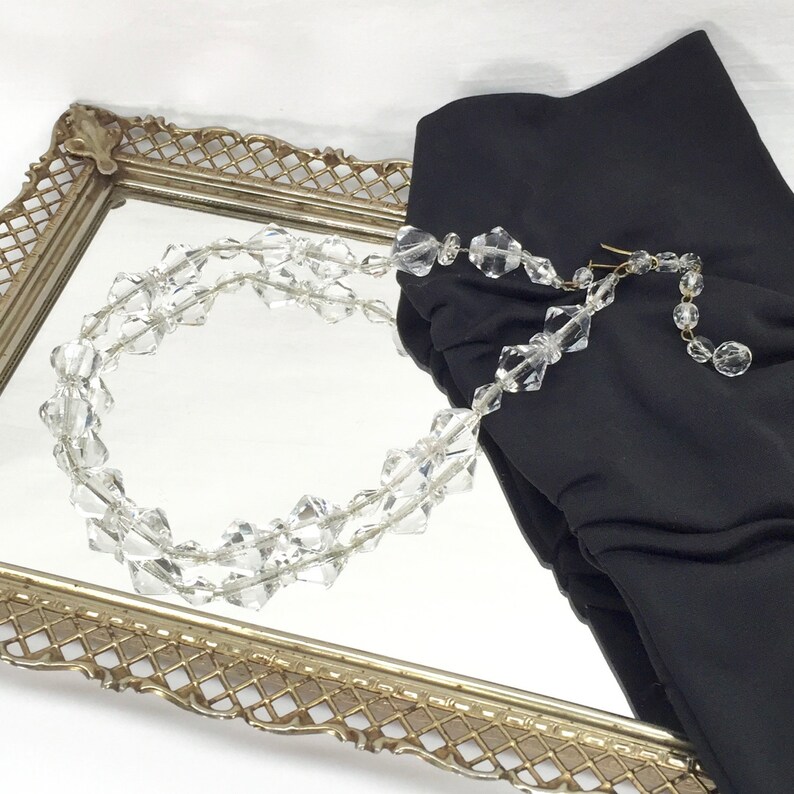 1960s Cut Glass Necklace Vintage Clear Glass Beads Strung on Metal Chain Marked West Germany