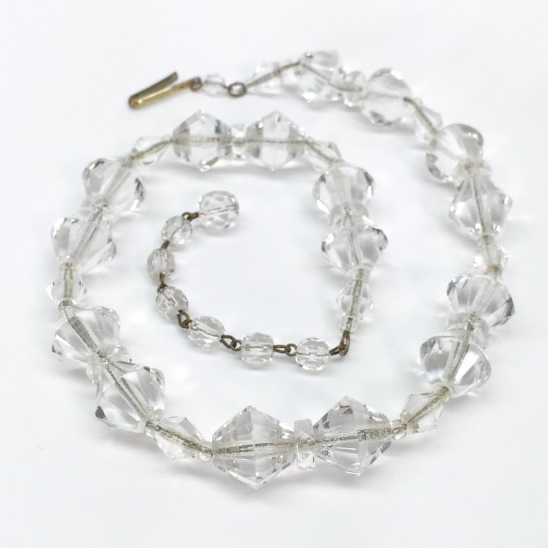 1960s Cut Glass Necklace Vintage Clear Glass Beads Strung on Metal Chain Marked West Germany