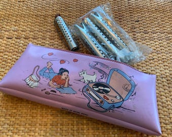 Vintage Aluminum Curlers of Various Sizes and 1950’s Lavender Vinyl Illustrated Curler Bag