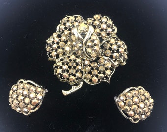 1950s Weiss Pin & Earrings Set - Vintage Signed Brooch and Clip Ons in Silver Tone with Bronze Aurora Borealis Rhinestones