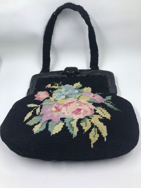 1940s Needlepoint Bag with Carved Bakelite