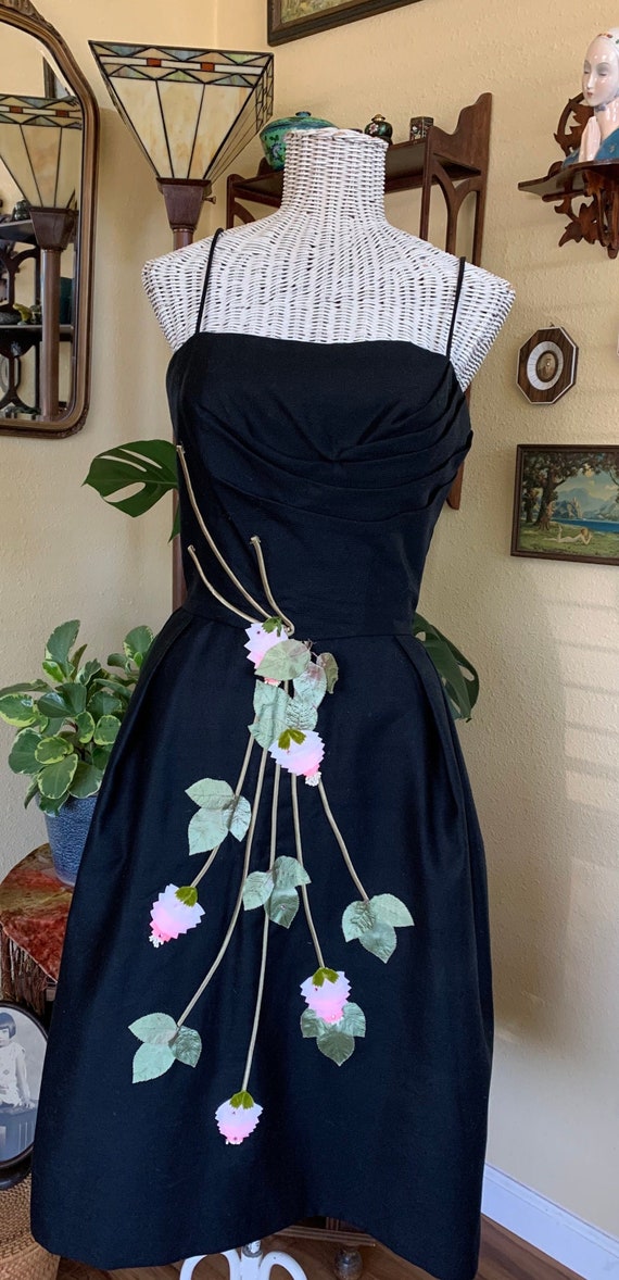 1952 Black Cotton Pique Dress With Rose Appliqué