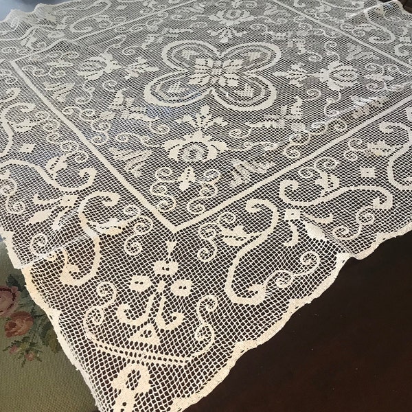 1940’s/50’s Cotton Ecru Handmade Crochet Cotton Filet Lace Tablecloth