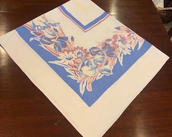 1950’s Vintage Medium Weight Cotton Tablecloth/ Blue,Mauve,Tan, White Floral/ White Background
