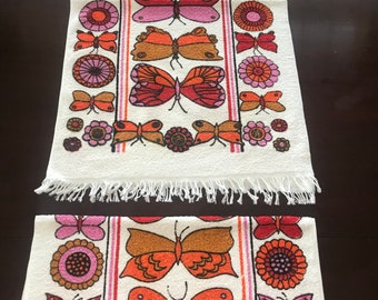 Vintage Cannon White, Orange, Burgundy, Pink Assortment of Butterflies Pair of  Deadstock Matching Towels