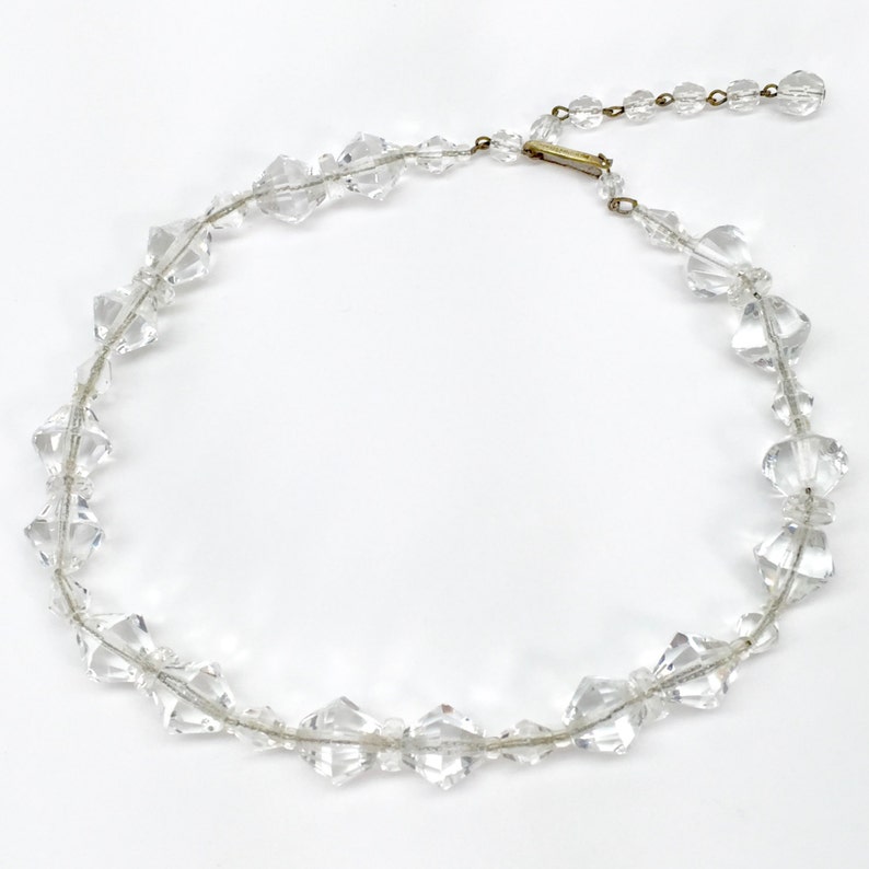 1960s Cut Glass Necklace Vintage Clear Glass Beads Strung on Metal Chain Marked West Germany