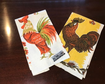 2 1970’s Pure Linen Rooster Themed Parisian Tea Towel Deadstock