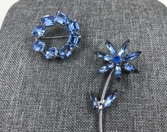 1950’s Brilliant 2 Matching Pieces Blue Rhinestones Silver Metal Round Brooch snd Blue Rhinestone and SilverMetal Flower